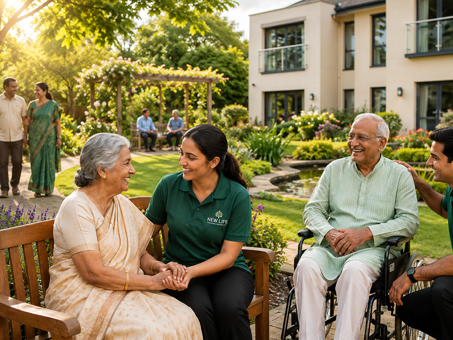 Seniors and staff in old age home garden